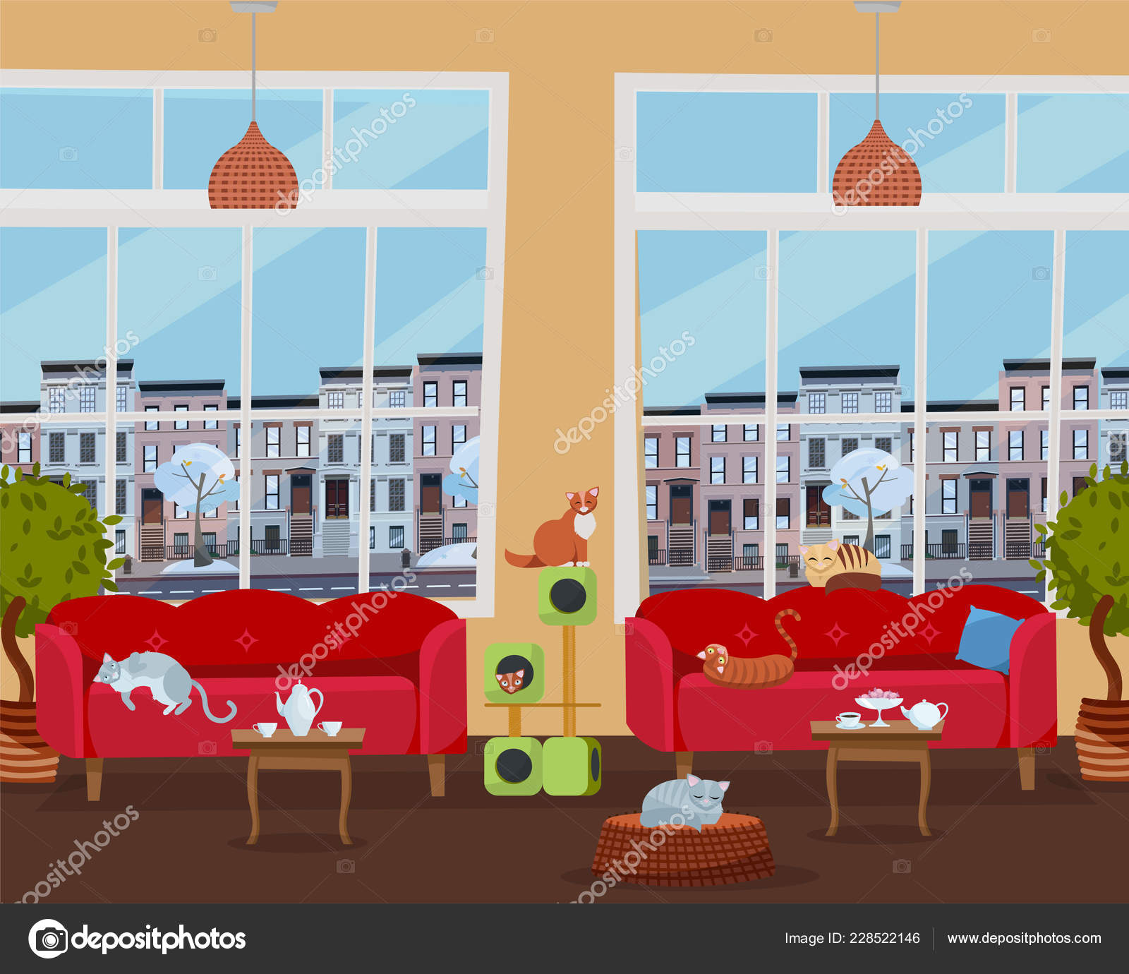 Interior Cat Cafe Large Windows Comfortable Red Sofas Tables