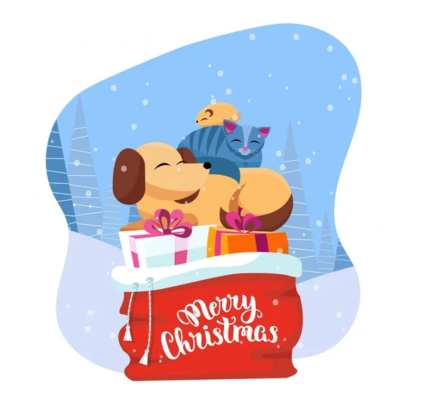 Pets sleeps comfortably on red Santa Claus bag with christmas presents in snowy forest. gift boxes are decorated with ribbons and bows. Lettering Merry Christmas. Flat cartoon vector illustration