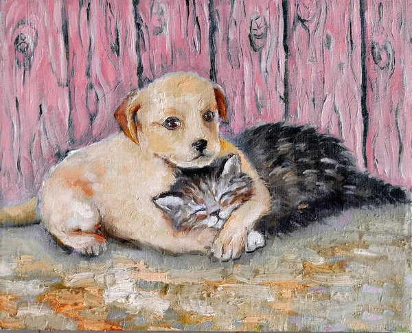 Oil painting on canvas Friendship of kitten and puppy. Hand drawn love of little fluffy kitten and Labrador puppy on the background of pink wooden fence. BFF pet. Cat sleeping in the paws of a dog