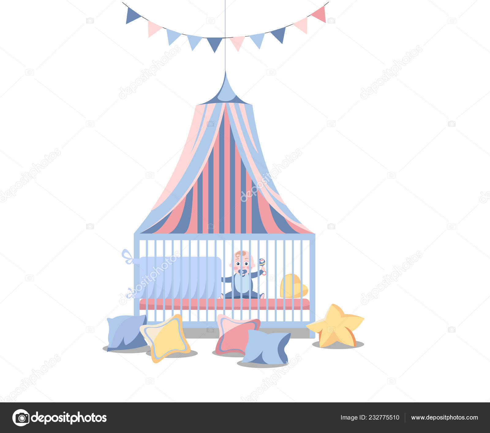 Newborn Kid Nursery Room Interior Flat Vector Illustration