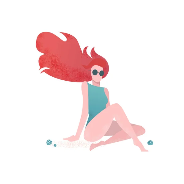 Modern flat illustration with textures in cartoon style on white background.Girl in round sunglasses sits on sand with crossed legs.Long red hair fluttering in wind. Feet,hands covered with white sand