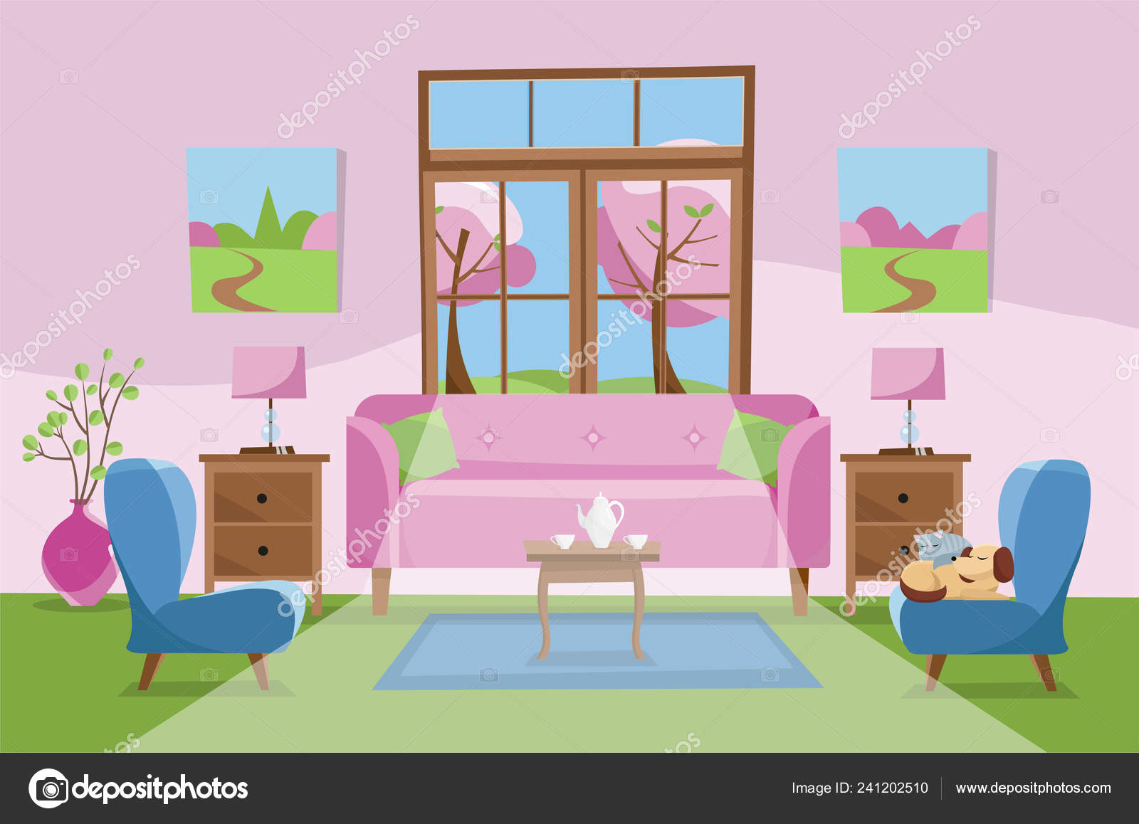 Living Room Pink Green Blue Colors Pink Sofa Table Nightstand Stock Vector Lanasham 241202510