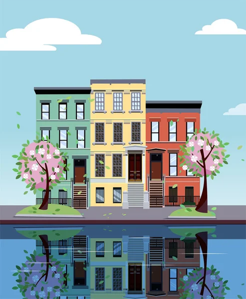 Colored apartment buildings on lake. Facades of buildings are reflected in mirror surface of water. Flat cartoon vector illustration of spring city. Three-four-story colorful houses. Street cityscape.