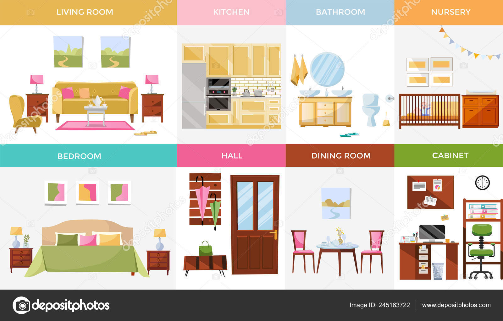 Set Interior Design House Rooms Furniture Living Room Bedroom Kitchen Vector Image By C Lanasham Vector Stock 245163722