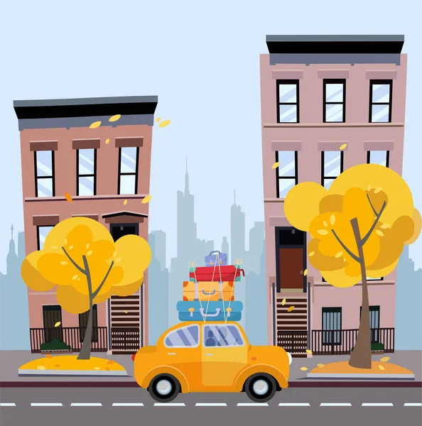 Yellow car with suitcases on the roof against background of autumn cityscape. City landscape with small houses, silhouette of multi-storey buildings with yellow trees.Flat cartoon vector illustration.