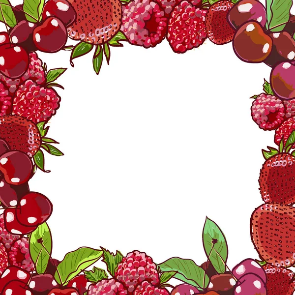 Marker Hand drawn eco food organic cafe menu design. Frame with natural fresh berries illustration with cherry, strawberry, raspberries. Agriculture or harvest, farming or vegan theme.