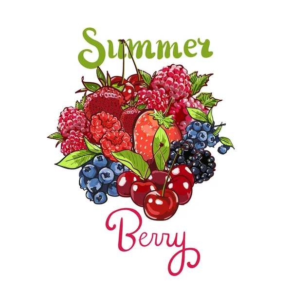 Hand drawn set Letterig summer berry colorful marker illustration. Berries engraving doodle sketch etch line. Raspberry, strawberry, cherry on white background. Dessert farm natural product.