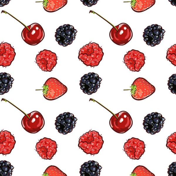 Marker Hand drawn isolated seamless pattern berries banner. Sketched marker food . colorful Raspberry, strawberry, cherry blueberry illustration. for card, print, template, wallpaper