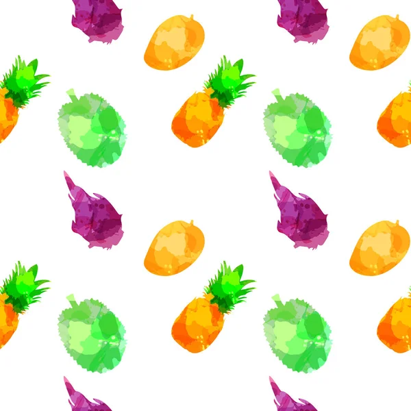 Seamless pattern withpineapple, mango, draconian fruit, durian with blots and stains on a white background. Watercolor art. Freehand creative illustration.