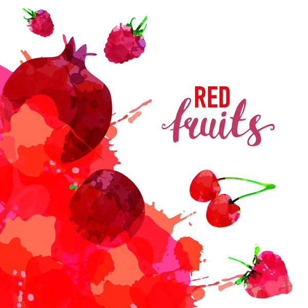 red Fruit set drawn watercolor blots and stains with a spray strawberry, raspberry, pomegranate,cherry, red applecherry, berry. Isolated eco food fruits illustration on white background with lettering