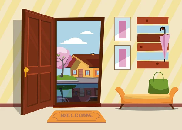 The interior hallway with the door open, a coat rack with umbrellas and sleeping dog and a cat on the suitcases. Outside very night and yellow trees. Flat cartoon style illustration.