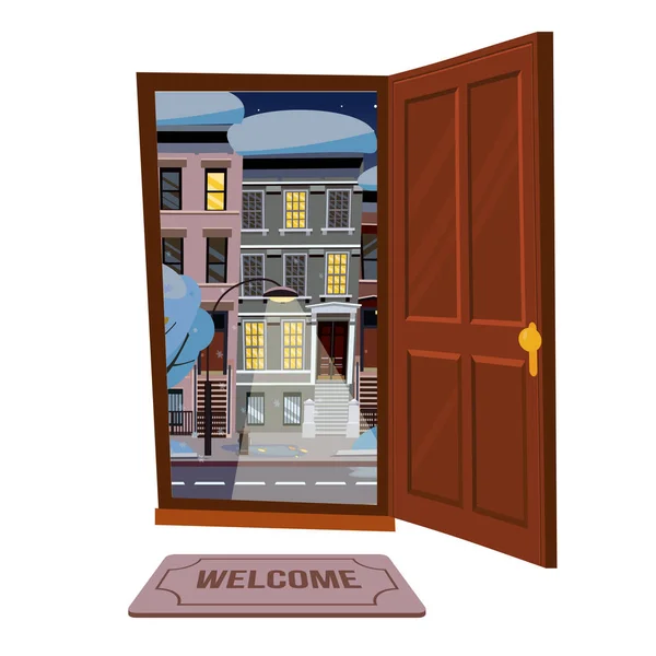 Open wood brown door into winter city starry night view with snowy trees, burning lantern. Door mat. Flat cartoon style illustration. Three-four-story uneven colorful houses. Street cityscape.