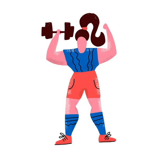 Woman with Dumbbell. Female athlete in sportswear cartoon character. Heavy athletics, bodybuilding. Sportswoman working out, training. Flat cartoon style hand drawn illustration on white background