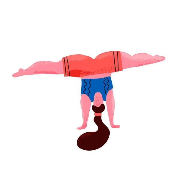 Cartoon hand drawn girl in yoga position.. Young plus size yogi woman practicing yoga concept, standing in downward facing pose. Yoga workout. Handstand asanas with twine in yoga. strength exercises