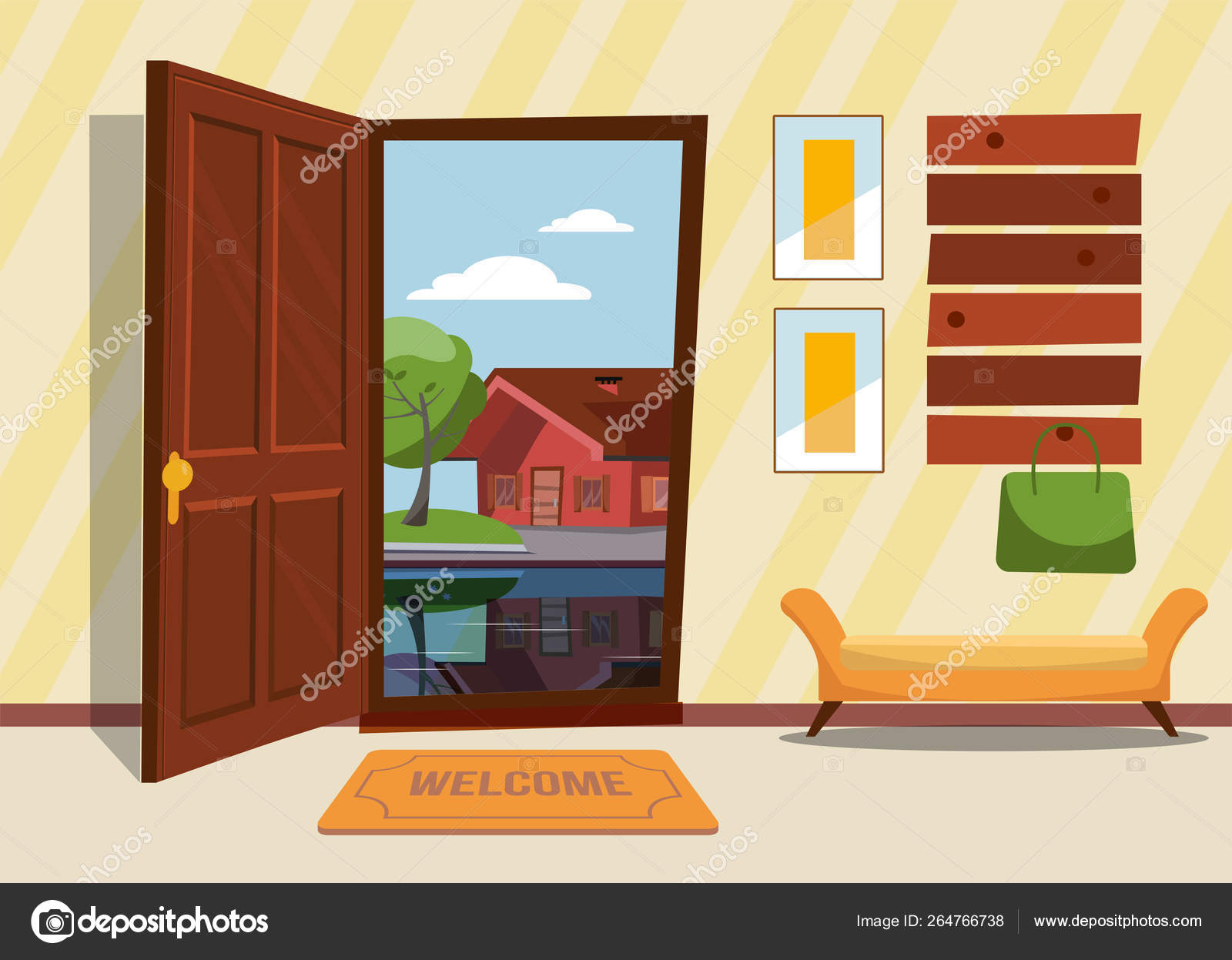 The Interior Hallway With The Open Door A Coat Rack With Lady Bag Green Trees And Country House Reflecting In The Lake Outside Sunny Summer Weather Flat Cartoon Style Vector Illustration