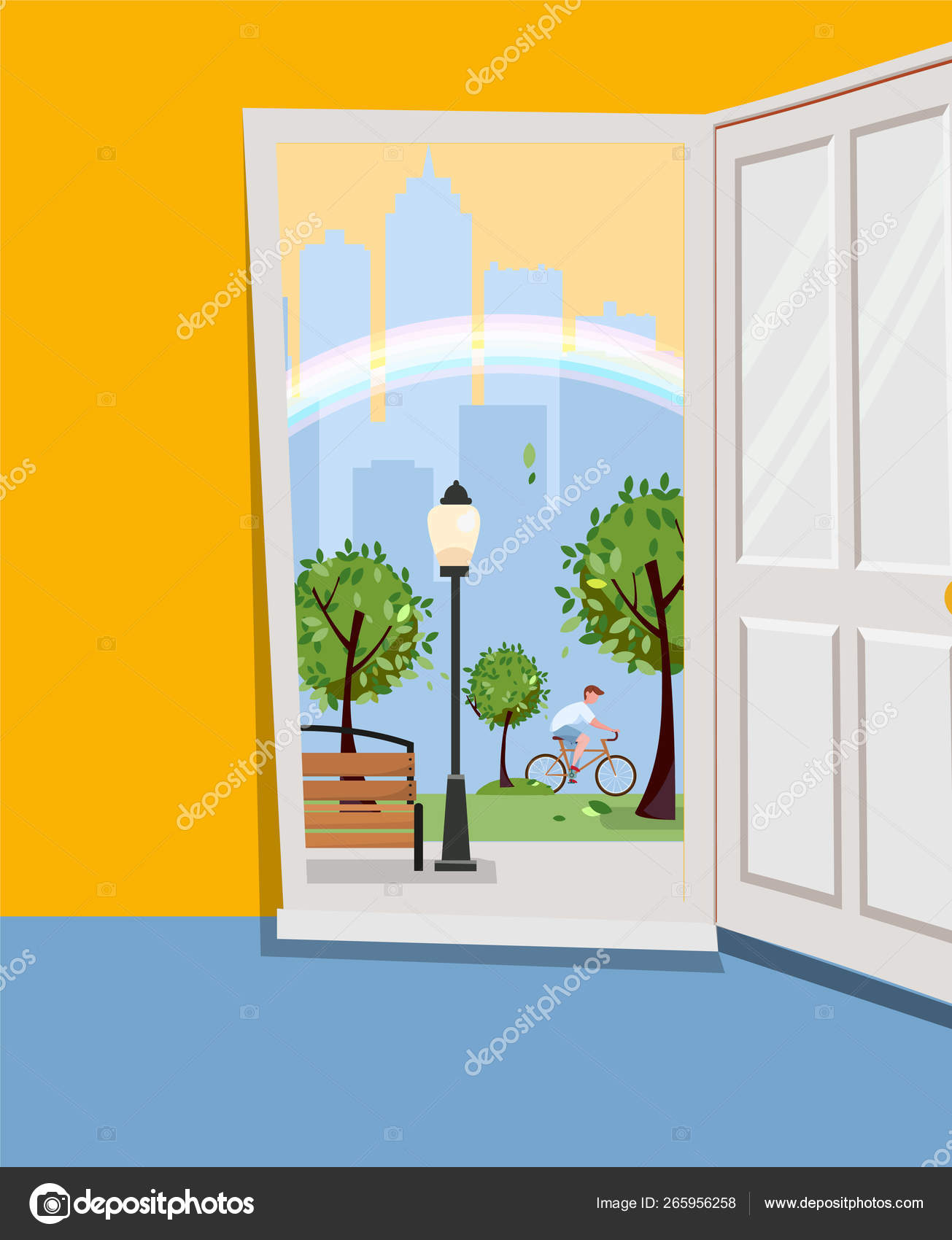 White Door Inside House With View Of Urban Landscape Outside Park
