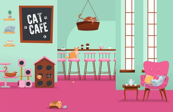 Interior cat cafe. Cozy place with many cats in armchairs and houses with set of accessories, Feline stuff. Big room with large windows and white text on blackboard. Flat cartoon illustration