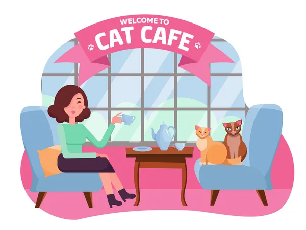 Interior of cat cafe with large window, woman and two Kitties in comfortable armchairs. Girl and cat Tea party. Spending time with pet. Ribbon with Text. Flat cartoon illustration pink colors
