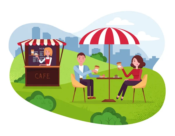 City Park cafe with umbrella. Couple on weekend date. People Drink Coffe with cakes in Outdoor Street Cafe.Park with outside Little cafe with canopy in urban cityscape.Flat cartoon illustration