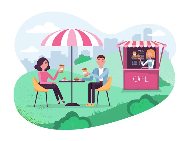 Park cafe with umbrella in amoeba background. Couple on weekend date. People Drink Coffe with burger in Outdoor Street Cafe. Park with outside cafe in urban cityscape.Flat cartoon illustration