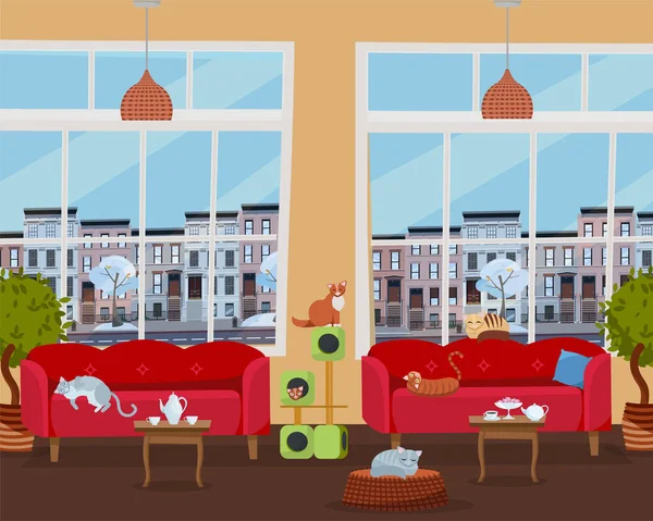 Interior of cat cafe with large windows, comfortable red sofas, tables with tea and coffee. Many cats on furniture and cat house with color scratching rope. Flat cartoon style illustration