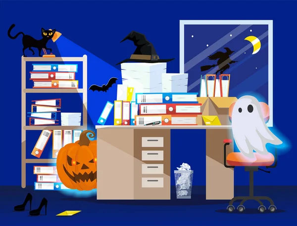 Work place on holiday Halloween in blue color . Flat illustration of office room interior with pumpkin, glowing ghost, even cat, witch hat and Pile of paper documents, file folders in boxes on table