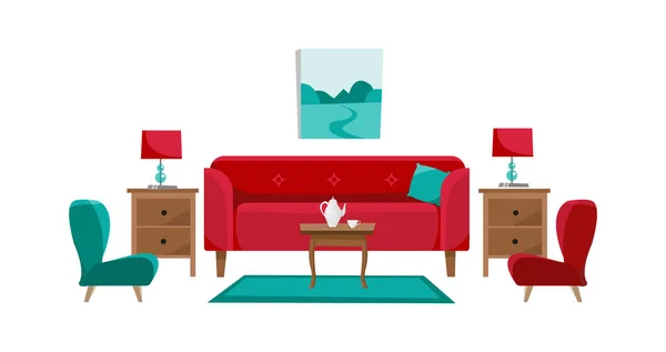 Red sofa with cofee table, nightstands, painting, table lamps, vase, carpet, soft chair and slippers in living room. Porcelain set of pot and two cups on table. Flat cartoon in white background