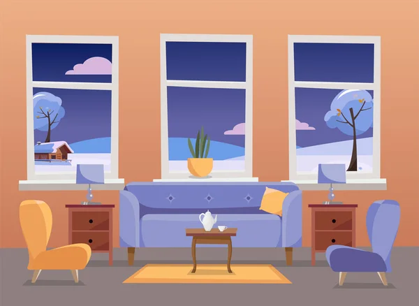 Living room interior. Violet sofa with table, nightstand, paintings, lamps, vase, carpet, porcelain set, soft chairs in room with large window. Outside winter landscape. Flat cartoon illustration