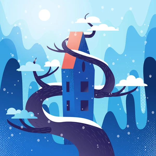 Fabulous house with roof, intertwined with tree on mountains,hills background. Winter weather, snowflakes fly, snow lies on crowns. Square Flat cartoon illustration with textures and gradient