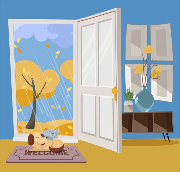 Open door into autumn view with yellow trees. Autumn interior with a coffee table, vases, door mat, sleeping cat and dog. Sunny good weather outside. Flat cartoon style illustration.