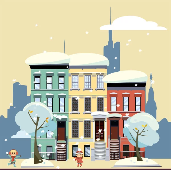 Multicolored multi-party cozy houses on background of skyscrapers of business center and gloomy yellow winter sky. Flat illustration of winter city landscape. Street cityscape with playing children
