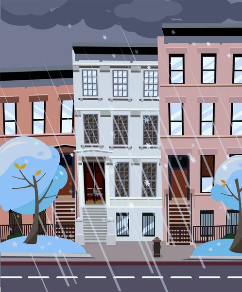 Flat cartoon illustration of winter evening in NY city, it is snowing, crowns of trees in the snow. flakes of snow fly from dark clouds. Dusk city landscape with snowy trees in the foreground