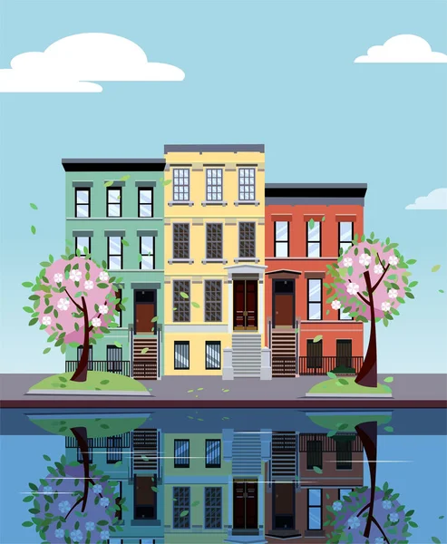 Colored apartment buildings on lake. Facades of buildings are reflected in mirror surface of water. Flat cartoon illustration of spring city. Three-four-story colorful houses. Street cityscape.