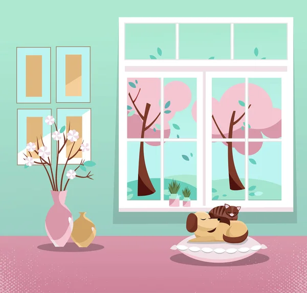 Window with a view of pink trees in blossom and flying leaves. Springinterior with sleeping cat and dog, vases, pictures on mint wallpaper. Sweet home. Cozy interior. Flat cartoon illustration.