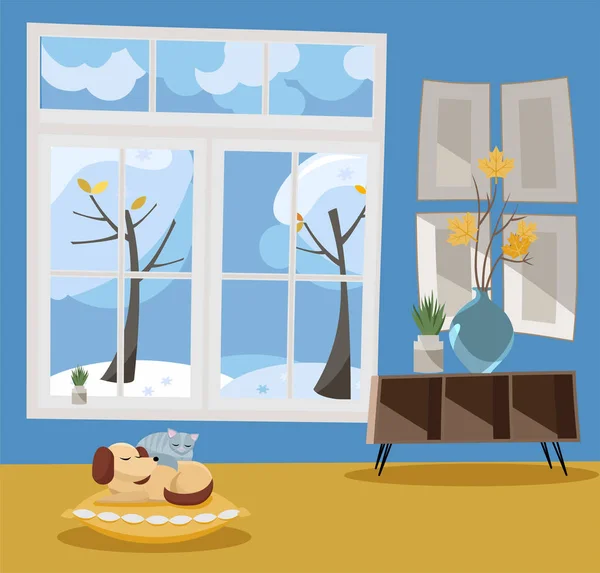 Window overlooking winter snow-covered trees. Winter interior sleeping cat and dog, shelf, vase with branches in blue and yellow colors. Nonparallel objects. Snow weather outside. Flat cartoon