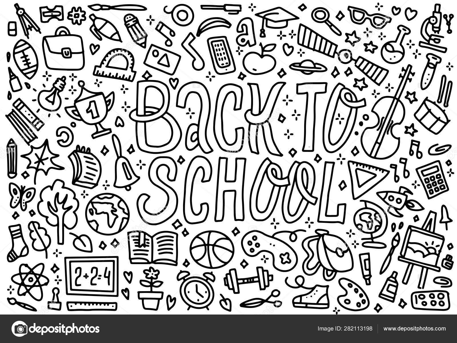 Cartoon Cute Doodles Back To School Word Black And White Horizontal Illustration Background With Lots Of Separate Objects Funny Vector Artwork Concept Of Education With School Supplies Lettering Stock Vector Image
