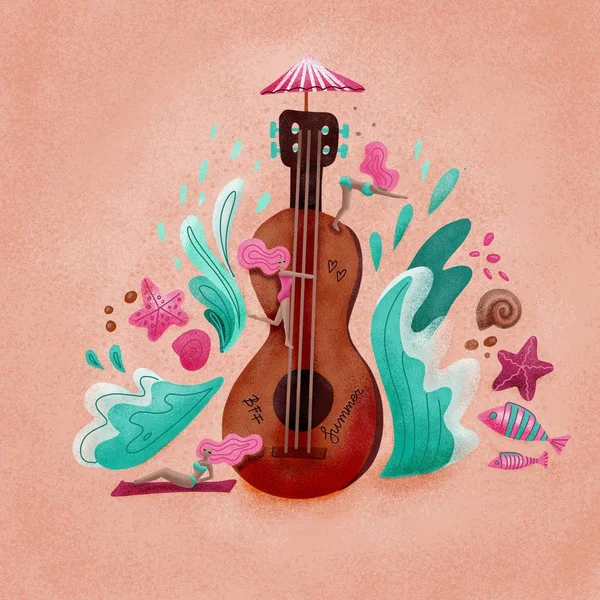 Summer holiday Music metaphor flat illustration. Cartoon girls near huge guitar hand drawn character. Scandinavian style decorative waves and shells. Music festival promo banner with sand texture