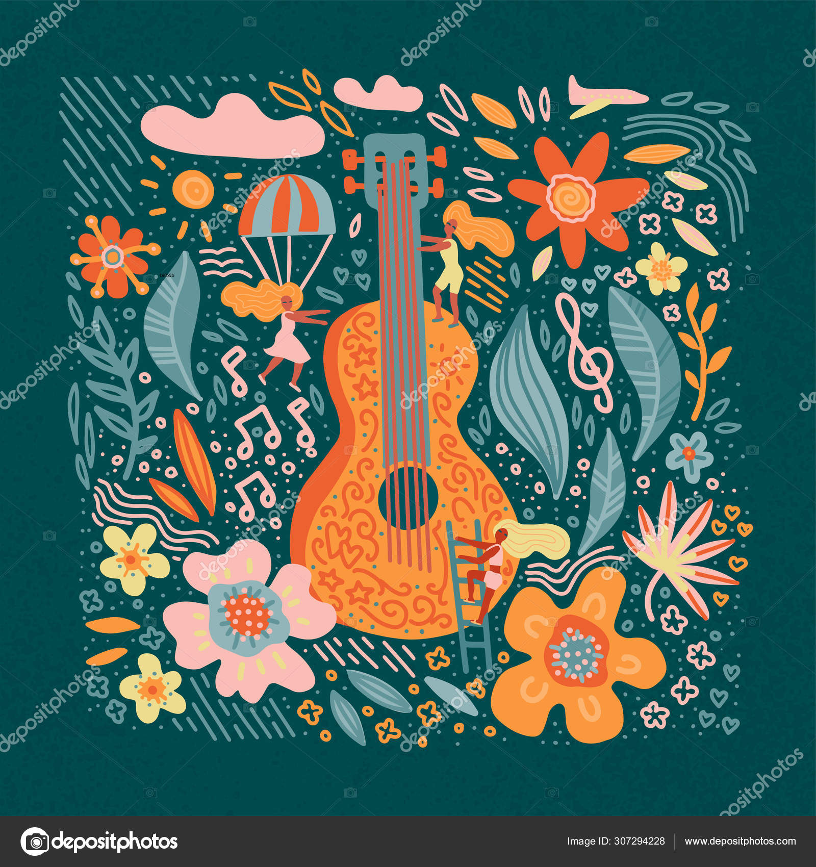 Music Festival Vector Illustration Guitar With Flowers Art And Cute Girls Hippie Chic Bohemian Style Hand Drawn Banner Poster Postcard Or T Shirt Print Stock Vector Image By C Lanasham 307294228
