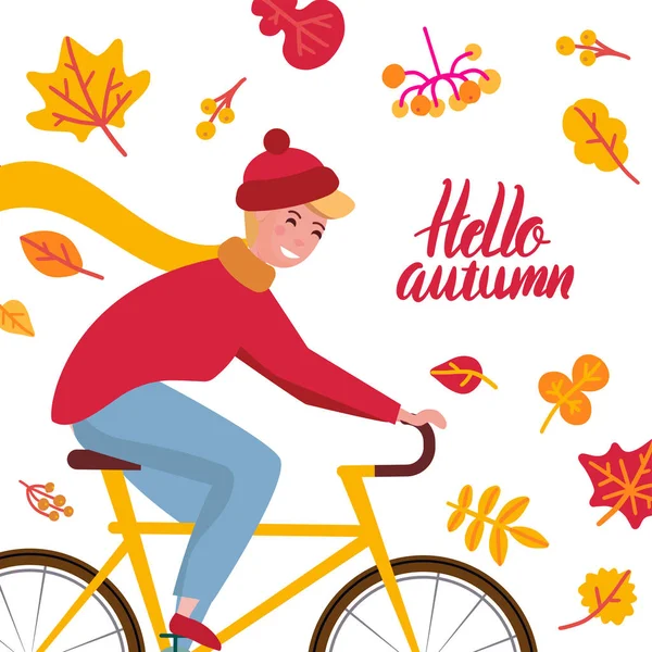 Hello autumn lettering quote card. Young man in a knitted hat on a bicycle woth bright yellow leaves on white background. Healthy lifestyle and recreation leisure activity. Vector flat illustration.