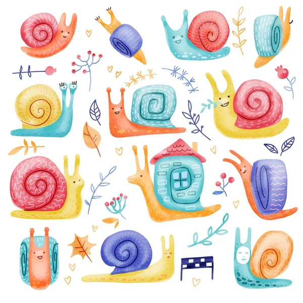 Set of hand drawn childish snails of different behavior shell colours in doodle color style isolated on white background. Flat illustration in scandinavian style.