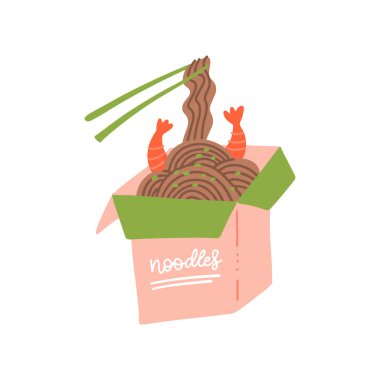 Wok box with shrimps and soba noodles. Traditional asian food. Chinese, Japanese cuisine. Fast food takeout in a box. Minimalistic flat hand drawn design. Isolated on white cartoon illustration. vector