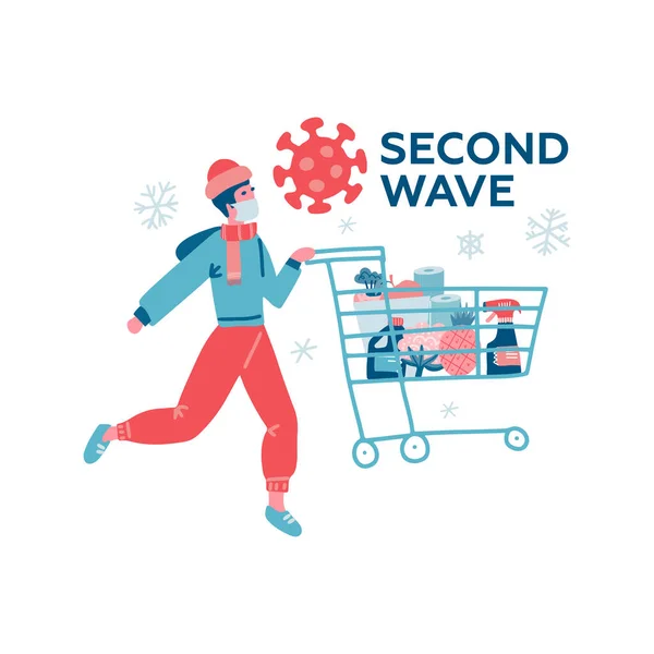 Man in white medical mask and warm clothes with cart shopping in supermarket. Concept of corona virus second wave quarantine. Flat vector illustration. — Stock Illustration Man White Medical Mask Warm Clothes Cart Shopping Supermarket Concept Royalty Free Stock Illustrations