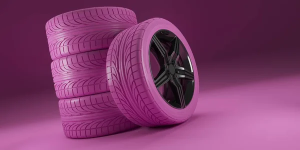 Różowe Koła Samochodu Różowym Tle Kobiet Wyścigi Koncepcja Projekt Plakatu — Zdjęcie stockowe
