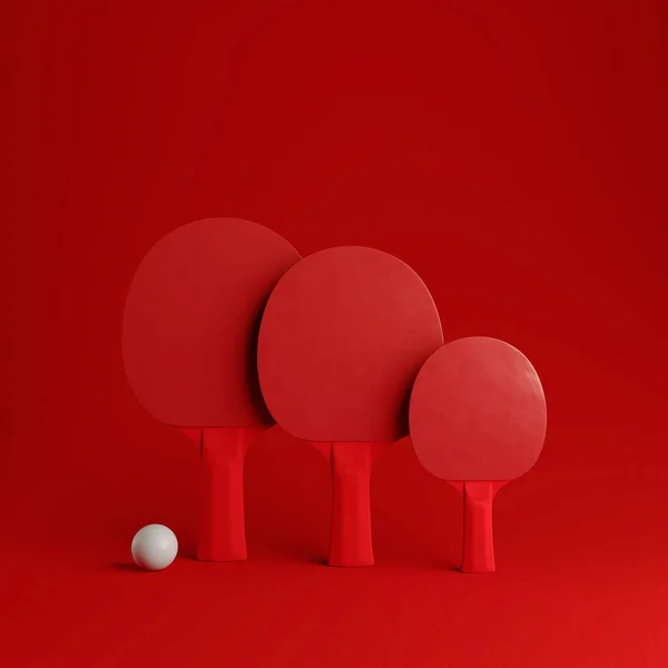 以家庭打乒乓球或乒乓球为特色的插图 三红色球拍在红色背景与拷贝空间 — 图库照片