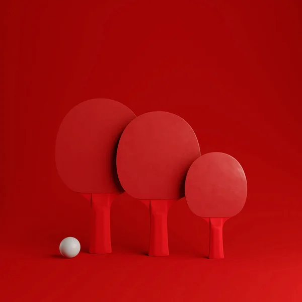 resimde Featuring bir aile masa tenisi oynarken veya ping pong 3D. Kopya alanı kırmızı zemin üzerine üç kırmızı raketleri.