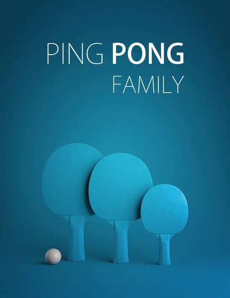 resimde Featuring bir aile masa tenisi oynarken veya ping pong 3D. Kopya alanı ile mavi arka plan üzerinde üç mavi raketleri.