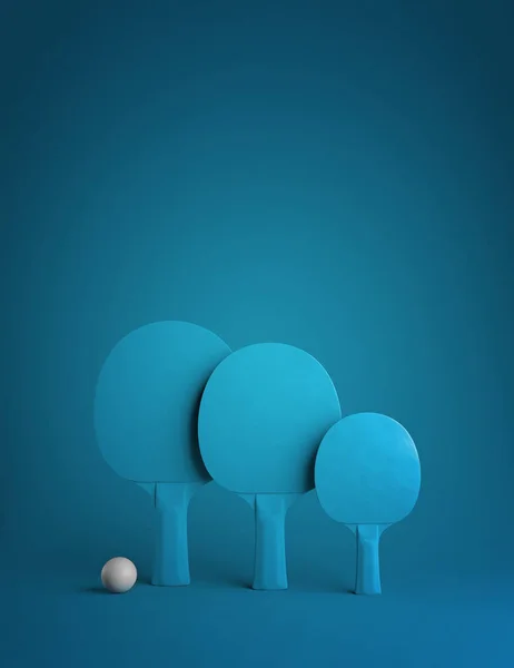 resimde Featuring bir aile masa tenisi oynarken veya ping pong 3D. Kopya alanı ile mavi arka plan üzerinde üç mavi raketleri.