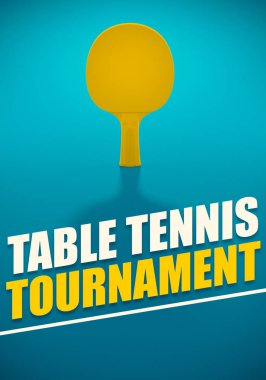 Sarı masa tenisi veya ping pong raket mavi bir tablo. 3D çizim. Metin kopyalama yeri olan turnuva için poster.