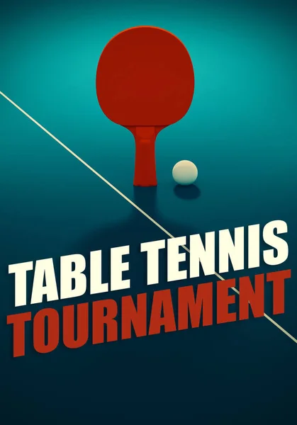 Červená stolní tenis nebo ping pong raketa a míček na modrém stole. 3D obrázek. Plakát pro turnaj s kopií prostor. — Stock fotografie