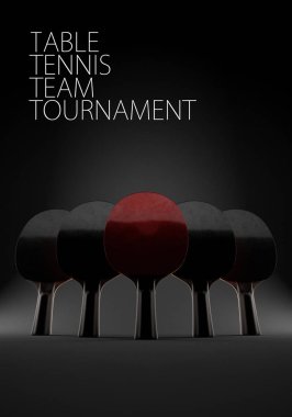 Beş raketler masa tenisi ve masa tenisi epik siyah arka plan üzerinde çalıştırmak için. 3D çizim. Kopya alanı ile. Takım kavramı.